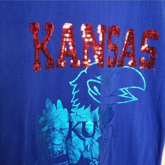 University Of Kansas Womens Blue Metallic Sequin Shirt Medium - Picture 3 of 4